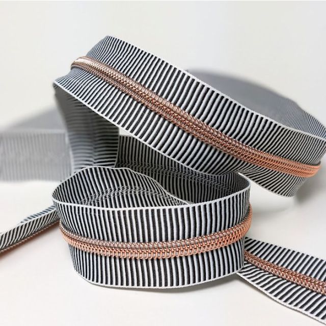 Mimitrim Zipper Nylon Coil Size #5 Black/White Striped Tape with Rosegold Coil -  3 Meter Pack