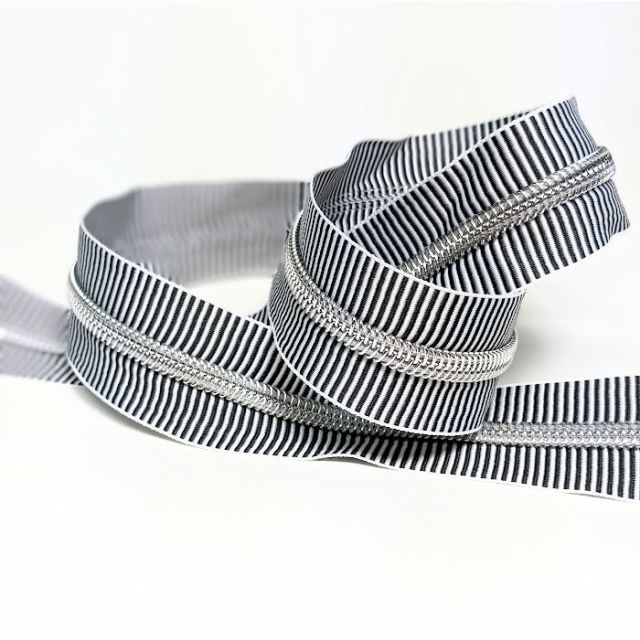 Mimitrim Zipper Nylon Coil Size #5 Black/White Striped Tape with Silver Coil -  3 Meter Pack