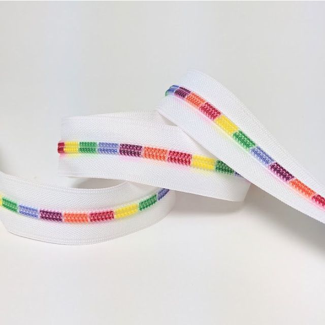 Mimitrim Zipper Nylon Coil Size #5 White Tape with Rainbow Block Stripes -  3 Meter Pack