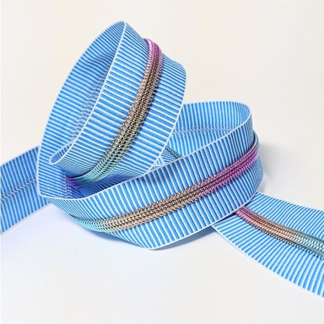 Mimitrim Zipper Nylon Coil Size #5 Blue/White Striped Tape with Rainbow Coil -  3 Meter Pack