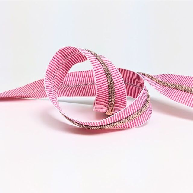 Mimitrim Zipper Nylon Coil Size #5 Pink/White Striped Tape with Rosegold Coil -  3 Meter Pack