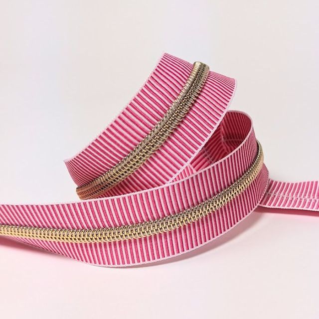 Mimitrim Zipper Nylon Coil Size #5 Pink/White Striped Tape with Light Gold Coil -  3 Meter Pack