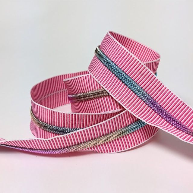 Mimitrim Zipper Nylon Coil Size #5 Pink/White Striped Tape with Rainbow Coil -  3 Meter Pack