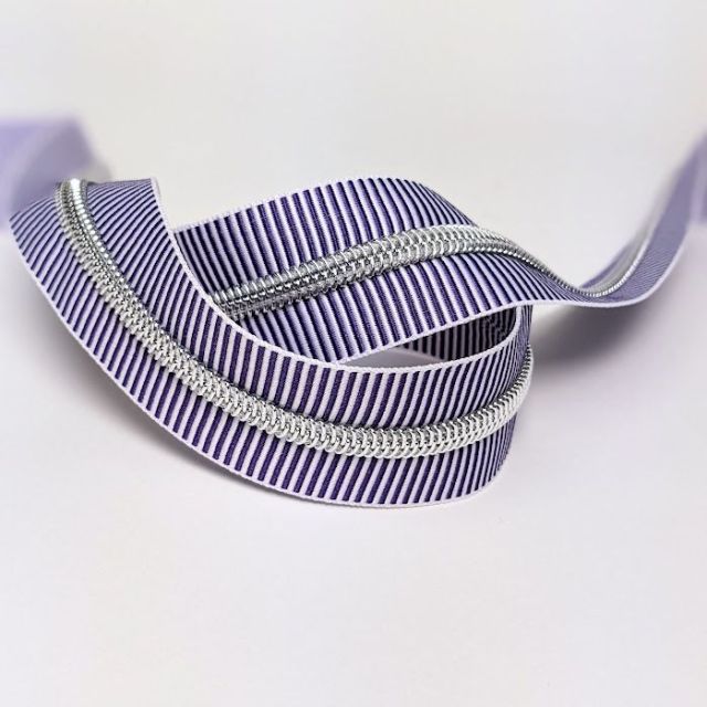 Mimitrim Zipper Nylon Coil Size #5 Purple/White Striped Tape with Silver Coil -  3 Meter Pack