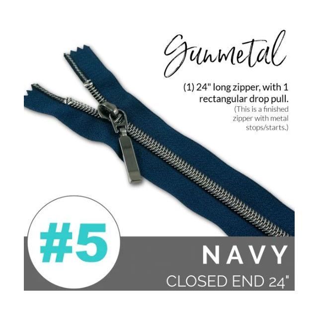 EMMALINE 24" LONG - *SIZE#5* (WITH A RECTANGLE DROP PULL) - Navy/ Gunmetal Coil