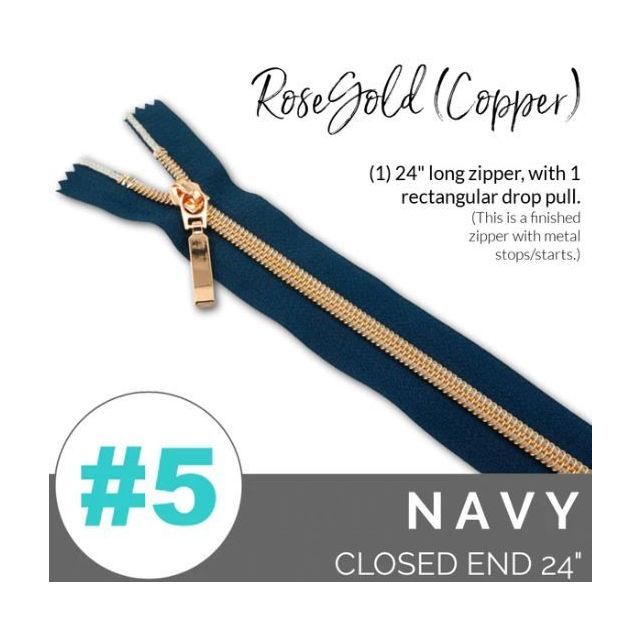 EMMALINE 24" LONG - *SIZE#5* (WITH A RECTANGLE DROP PULL) - Navy/ RoseGold Coil