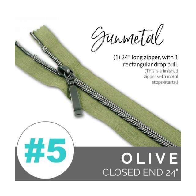 EMMALINE 24" LONG - *SIZE#5* (WITH A RECTANGLE DROP PULL) - Olive / Gun Metal Coil