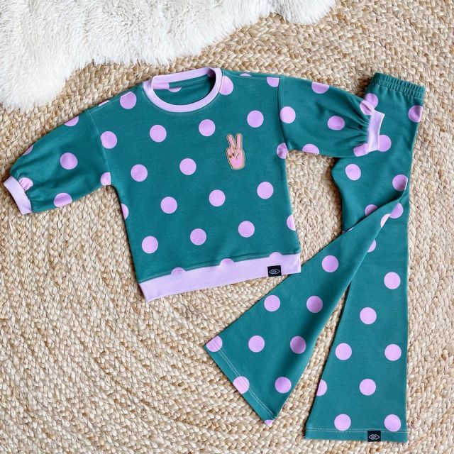 Big Polka Dots Pink on Green  - French Terry Fabric