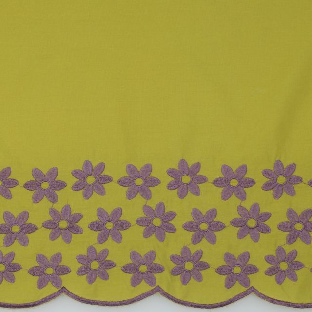 Cotton Poplin - Green with Purple Floral Embroidery and Scalloped Edge