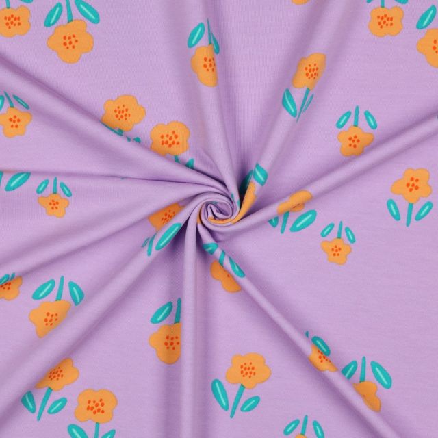 French Terry - Orange Flowers on Lilac