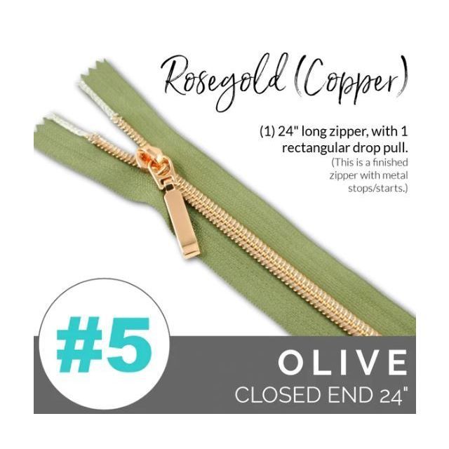 EMMALINE 24" LONG - *SIZE#5* (WITH A RECTANGLE DROP PULL) - Olive / Rose Gold Coil