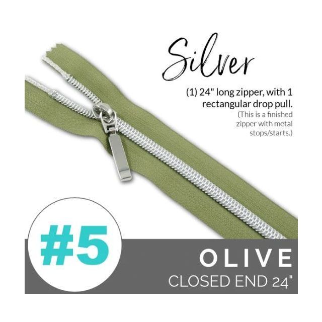 EMMALINE 24" LONG - *SIZE#5* (WITH A RECTANGLE DROP PULL) - Olive / Silver Coil