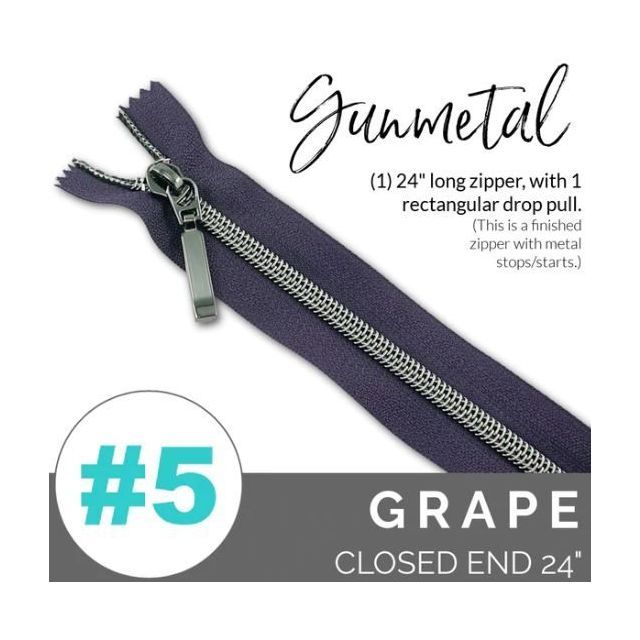 EMMALINE 24" LONG - *SIZE#5* (WITH A RECTANGLE DROP PULL) - Grape/ Gunmetal Coil
