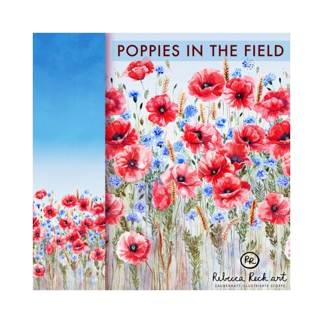 Organic Cotton Jersey Knit - Poppies in the Field Border Print by Rebecca Reck (Light Edition)