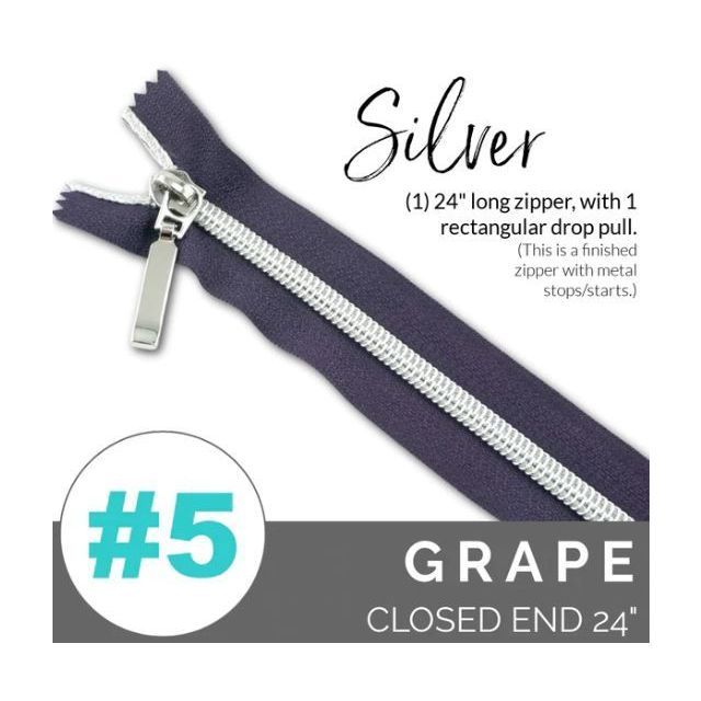 EMMALINE 24" LONG - *SIZE#5* (WITH A RECTANGLE DROP PULL) - Grape/ Silver Coil