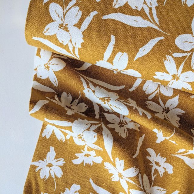 Linen Viscose Blend - Flowers - Ochre