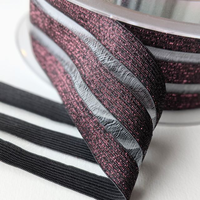 Peekaboo Stripes Bordeaux Glitter - 50mm Elastic (col. 519)
