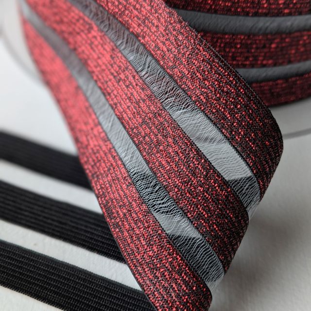 Peekaboo Stripes Red Glitter - 50mm Elastic (col. 5515)