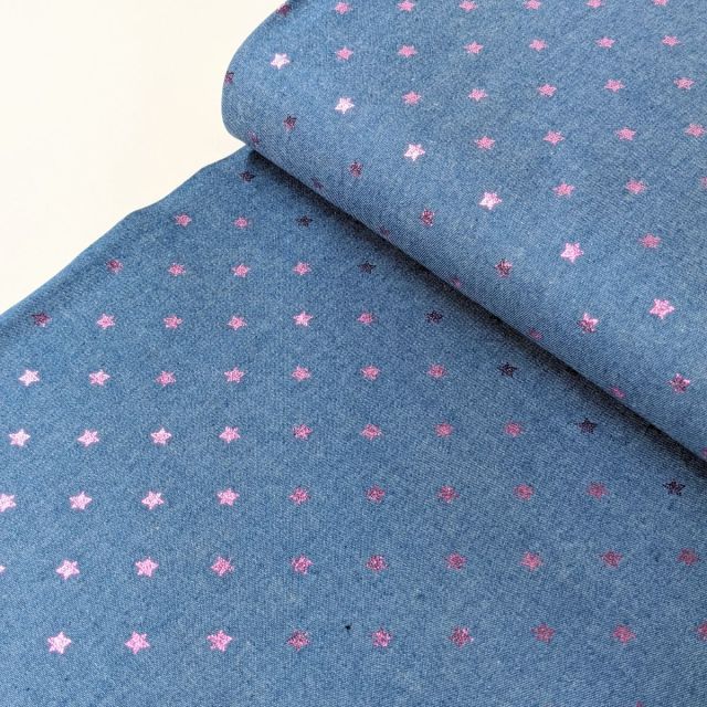 BOLT END - 250 CM - Chambray - Purple Star Foil - Bleached Blue