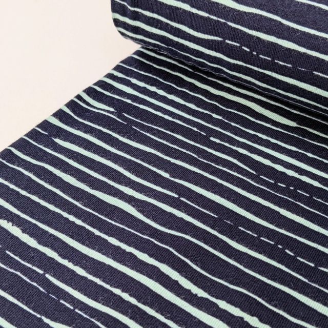 Jersey Knit - Uneven Stripes -  Mint on Navy