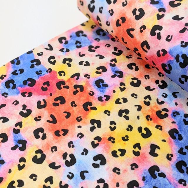 Jersey Knit - Tie Dye Leopard - Red/Periwinkle/Orange/Yellow