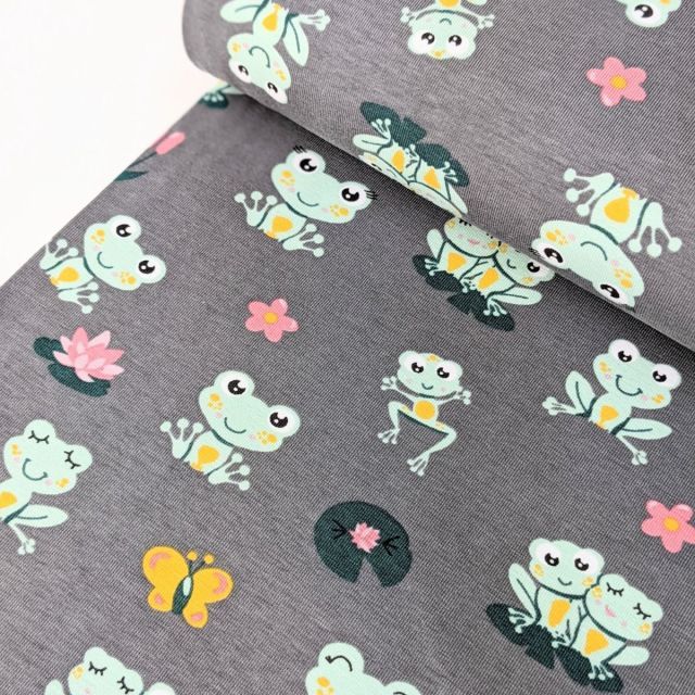 Jersey Knit - Happy Frogs - Grey