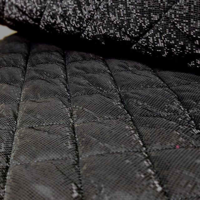 Quilted Jacket Fabric Black Pixels with Solid Black Lining and Padding