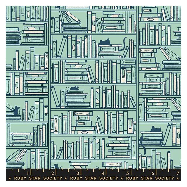 BOLT END - 160 CM - 100% Cotton - "Reading Nook"  Library in Soft Aqua- By Ruby Star Society per 1/2m