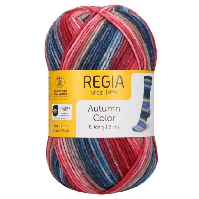 Regia Autumn Color 8-ply Sock Yarn - Red, Denim, Beige Col. 9180 - LIMITED EDITION 150g Skein