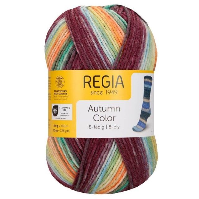 Regia Autumn Color 8-ply Sock Yarn - Burgundy, Lime Green, Orange  Col. 9184 - LIMITED EDITION 150g Skein