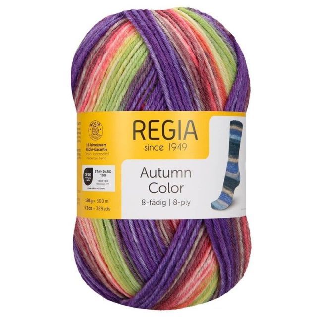 Regia Autumn Color 8-ply Sock Yarn - Purple, Lime Green, Red Col. 9185 - LIMITED EDITION 150g Skein