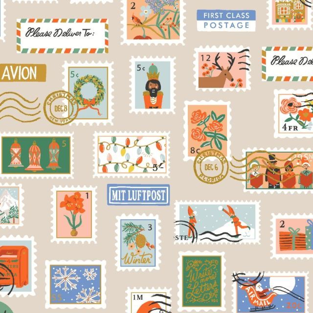 Canvas - Metallic Holiday Stamps  - Cream - Rifle Paper Co. per 1/2m