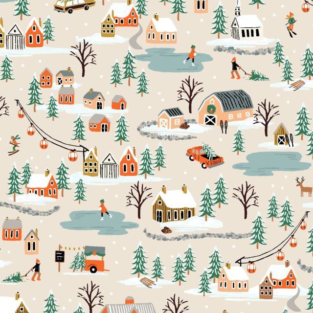100% Cotton - Holiday Classics - Holiday Village Cream - Rifle Paper for Cotton + Steel per 1/2m