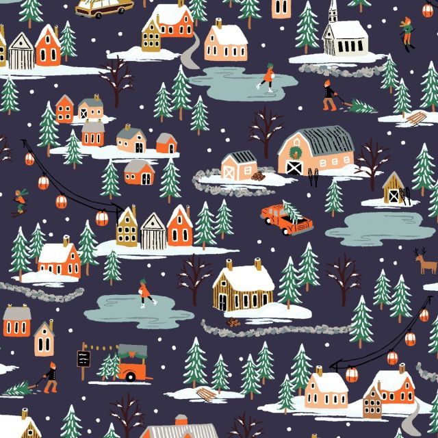 100% Cotton - Holiday Classics - Holiday Village Navy - Rifle Paper for Cotton + Steel per 1/2m