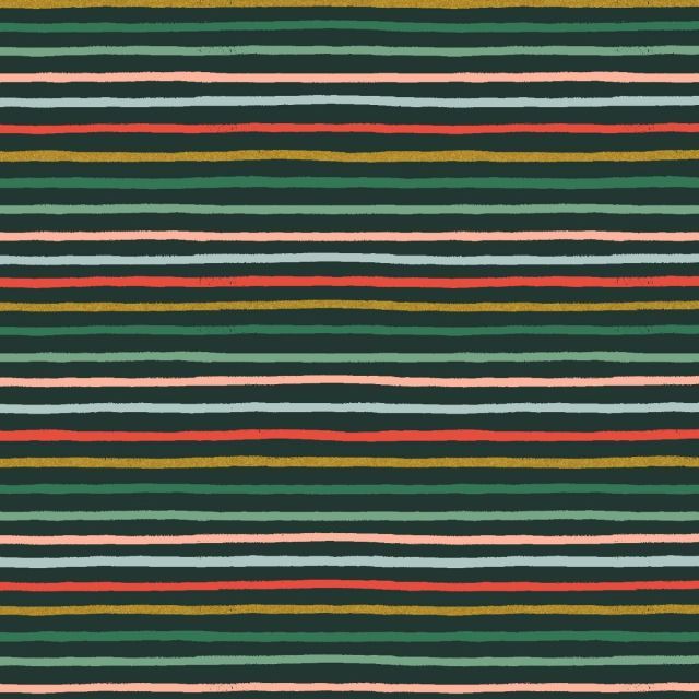 100% Cotton - Holiday Classics - Festive Stripe Evergreen Metallic - Rifle Paper for Cotton + Steel per 1/2m