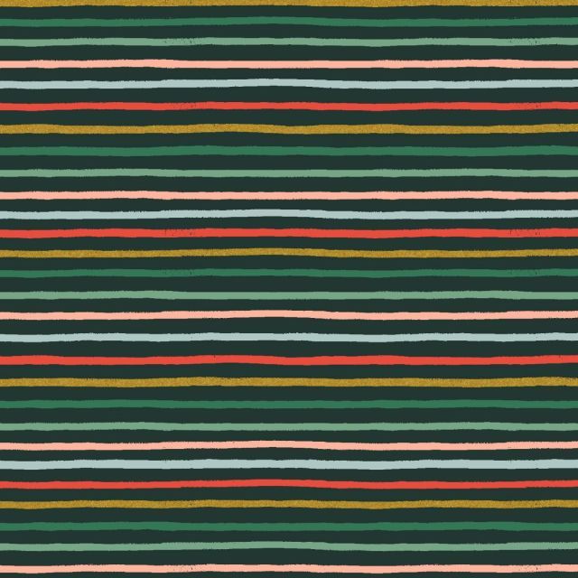 100% Cotton - Holiday Classics - Festive Stripe Evergreen Metallic - Rifle Paper for Cotton + Steel per 1/2m