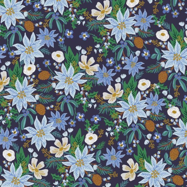 100% Cotton - Holiday Classics - Poinsettia Bouquet - Navy Metallic - Rifle Paper for Cotton + Steel per 1/2m
