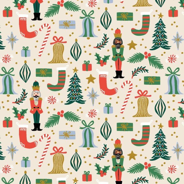 100% Cotton - Holiday Classics - Deck the Halls on Cream Metallic - Rifle Paper for Cotton + Steel per 1/2m