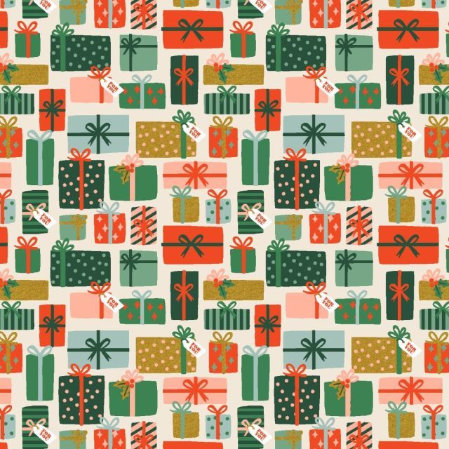 100% Cotton - Holiday Classics - Holiday Gifts on Cream Metallic - Rifle Paper for Cotton + Steel per 1/2m