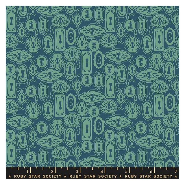 100% Cotton - "Reading Nook"  Key Lock  Teal - By Ruby Star Society per 1/2m