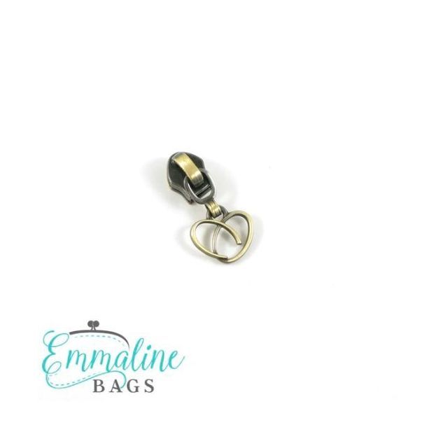 Emmaline Zipper Sliders with Pulls (10-pack) - Size #5 - Brushed Antique Brass / Heart Pull