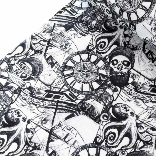 Jersey Knit - Black Outlines on White Skulls, Octopus, Sea 