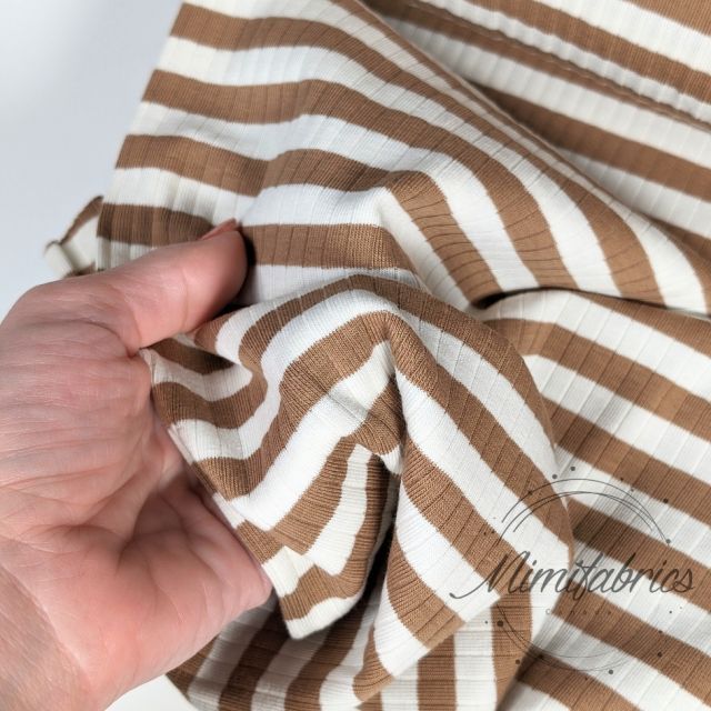 Soft Rib Knit Wide with Yarn Dyed Stripes (approx 1cm) - Ecru and Caramel