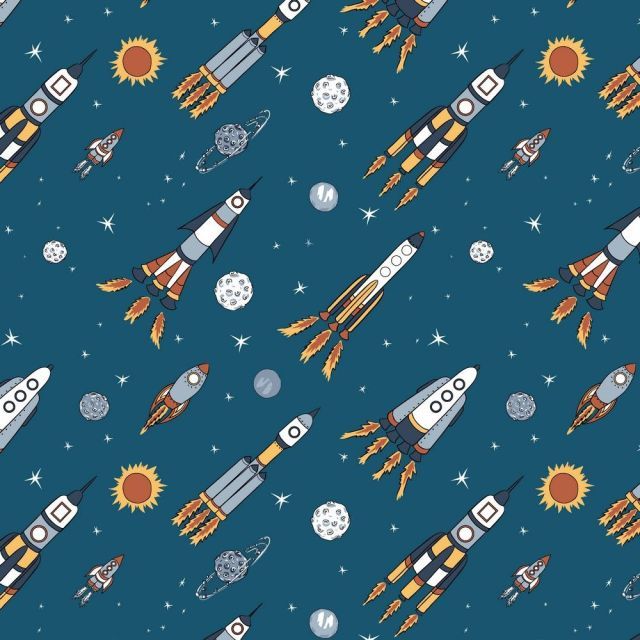 Space Rockets - Teal - French Terry