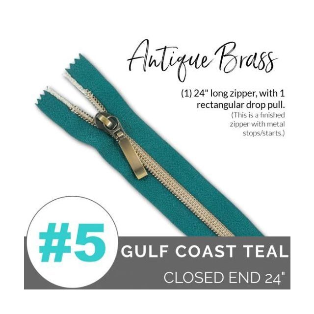 EMMALINE 24" LONG - *SIZE#5* (WITH A RECTANGLE DROP PULL) - Gulf Coast Teal / Antique Brass Coil