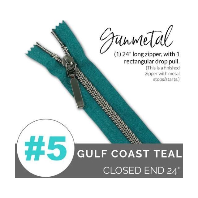 EMMALINE 24" LONG - *SIZE#5* (WITH A RECTANGLE DROP PULL) - Gulf Coast Teal / Gunmetal Coil