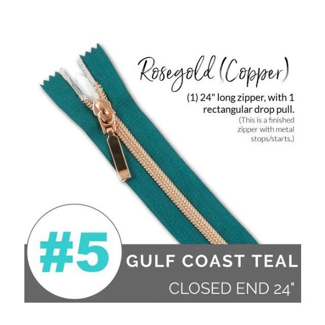 EMMALINE 24" LONG - *SIZE#5* (WITH A RECTANGLE DROP PULL) - Gulf Coast Teal / Rose Gold Coil
