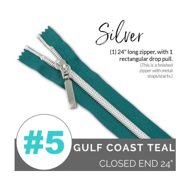 EMMALINE 24" LONG - *SIZE#5* (WITH A RECTANGLE DROP PULL) - Gulf Coast Teal /SIlver Coil