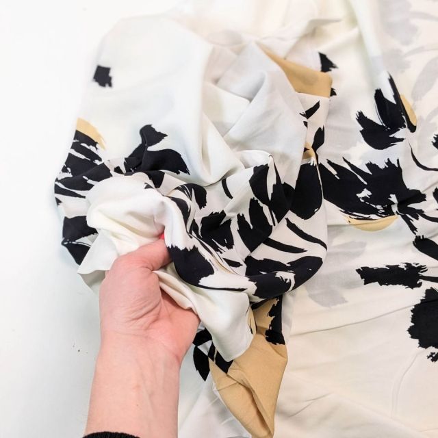 Viscose Challis Abstract Floral "Sylvie" - Creme with Camel Block Stripe made in France (Repeats every 75cm)
