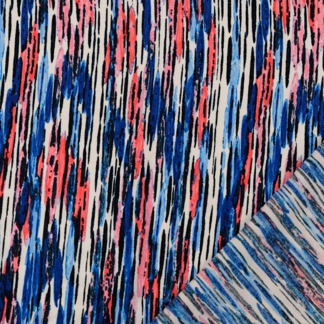 Viscose Poplin printed with vertical brush stripes blue/pink/red